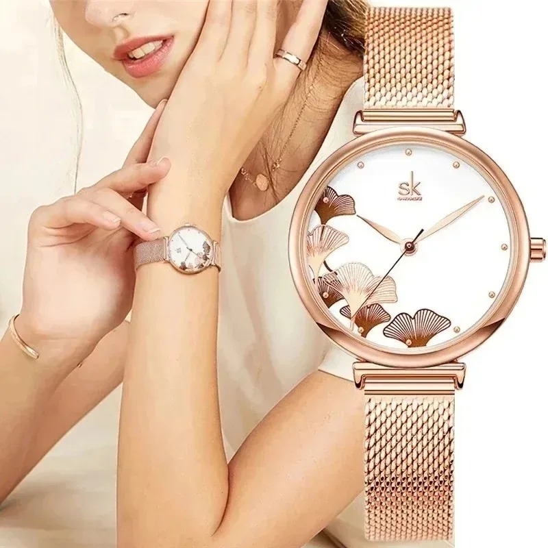 Stainless Mesh Band - Jam tangan wanita mewah motif daun